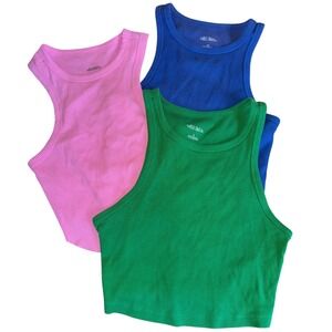 Wild Fable Set of 3 Ribbed Crop Tank Tops Pink Blue Green Basic Layering S
